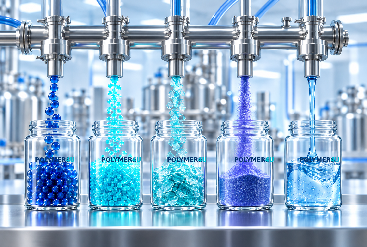 Polymers4U polymer grades filling laboratory bottles